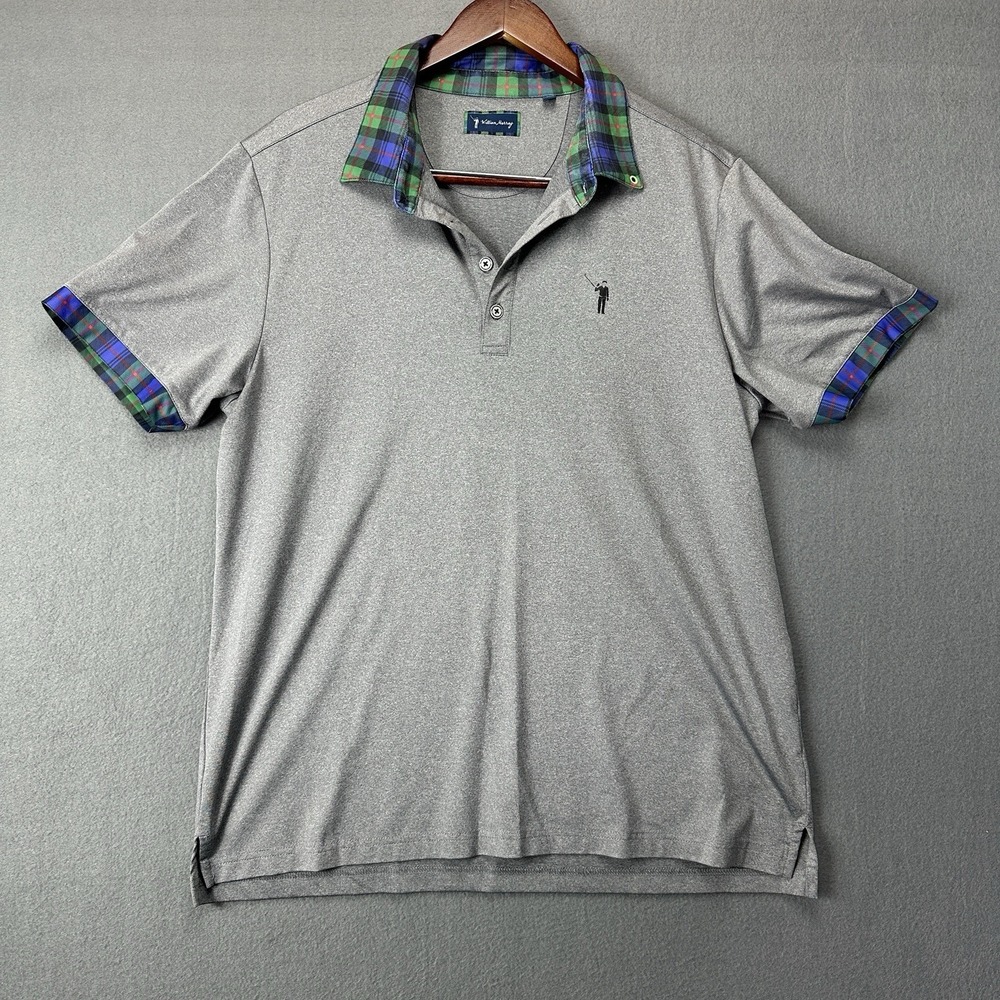 William Murray Mens Large Gray Solid Plaid Polo Golf Shirt Performance